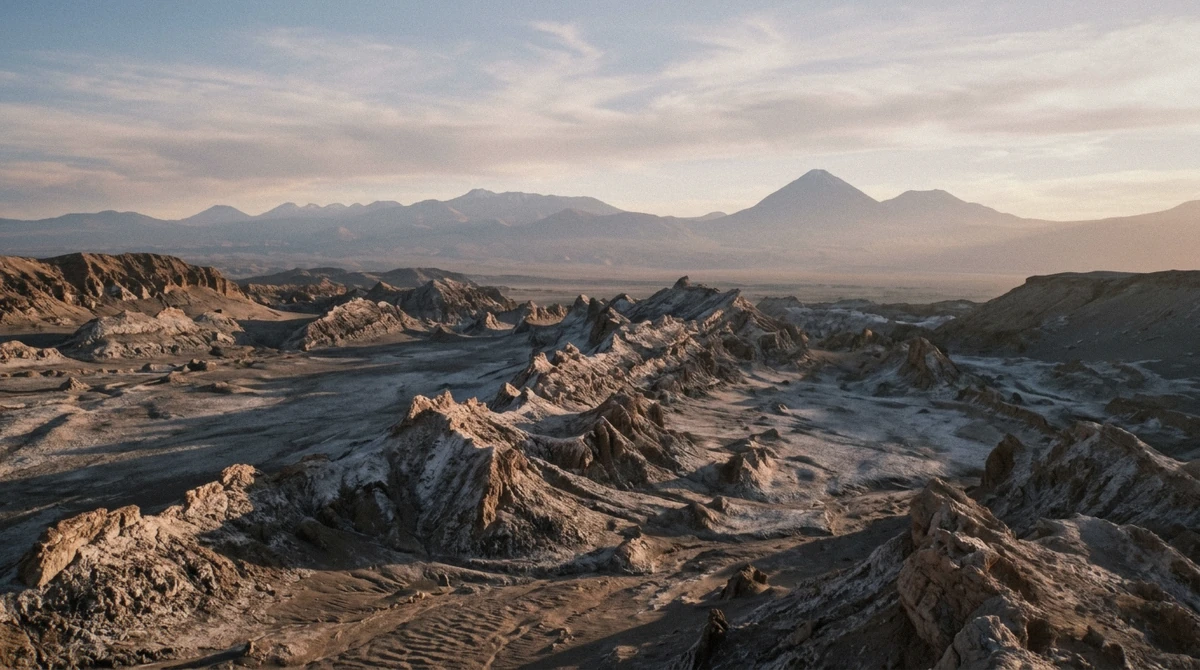 Late afternoon light over the salt ridges of the Cordillera de la Sal seen on an Atacama Desert tour, with Licancabur volcano rising on the horizon near San Pedro de Atacama, Chile