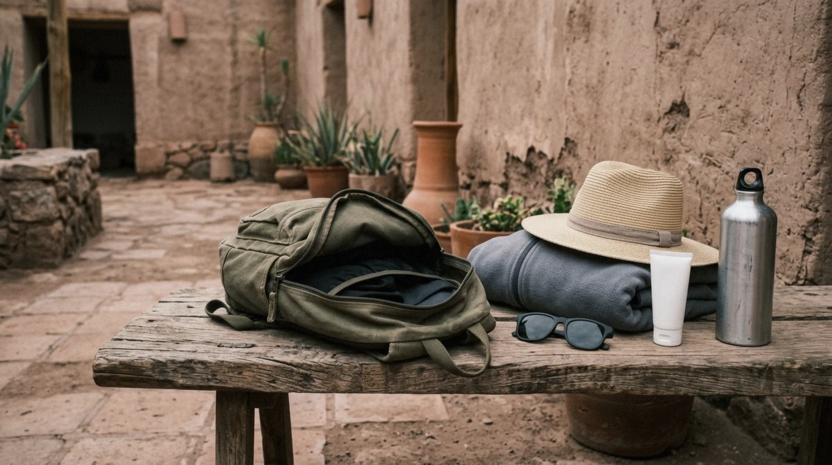 A daypack with sunscreen, water bottle, warm layers and a camera laid out before an Atacama Desert tour in San Pedro de Atacama