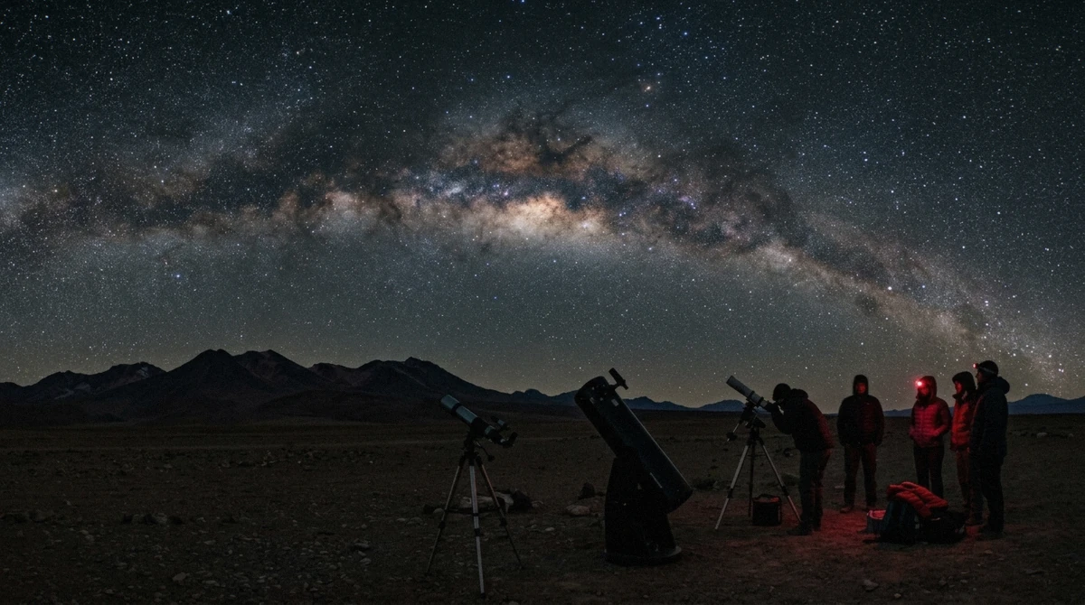 The Milky Way arching over telescope silhouettes during an Atacama Desert stargazing tour near San Pedro de Atacama, Chile