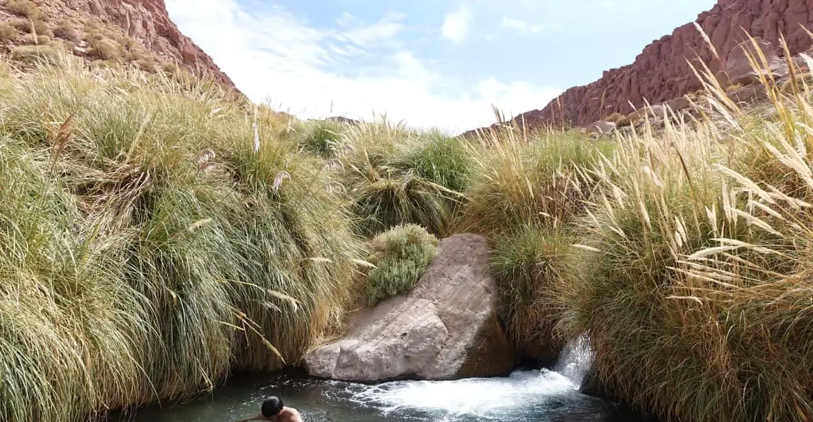 Hikers wading through canyon pools on an Atacama Desert trekking tour with hot springs near San Pedro de Atacama