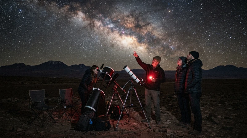Group of travelers under the open night sky on a Roofless Experience Atacama Desert stargazing tour in Chile
