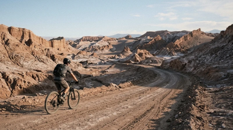 Cyclist riding through the salt formations of Moon Valley on an Atacama Desert bike tour in Chile